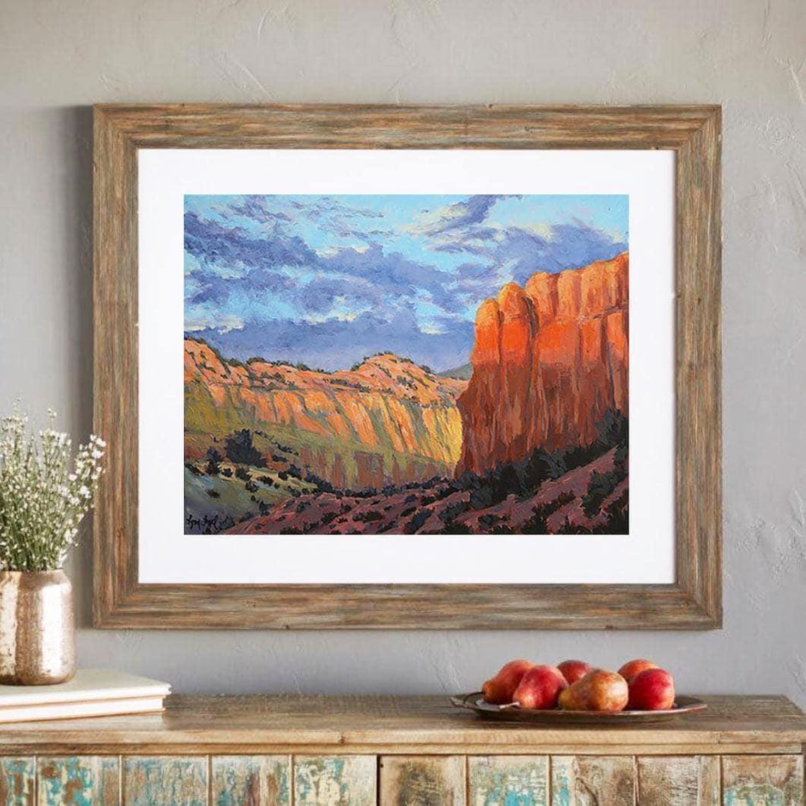 New Mexico Desert Glowing Red Cliffs Cloudy Sky Painting Poster - Image 4