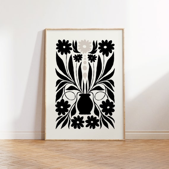 Dark Flowers Abstract Floral Art Print, Black And White