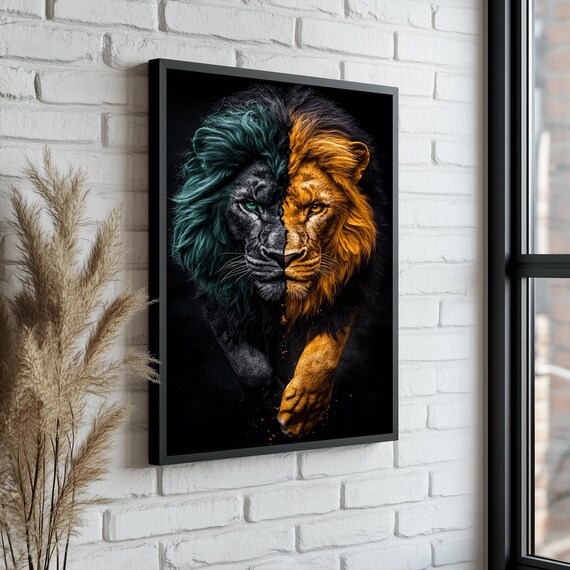 Split Face Lion Black Gold Dual Tone Dramatic Wildlife Art Poster