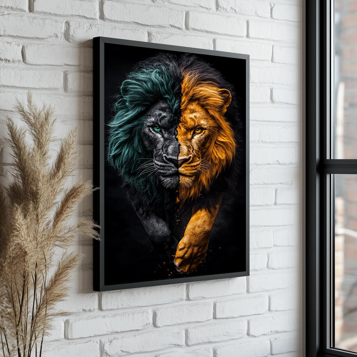 Split Face Lion Black Gold Dual Tone Dramatic Wildlife Art Poster