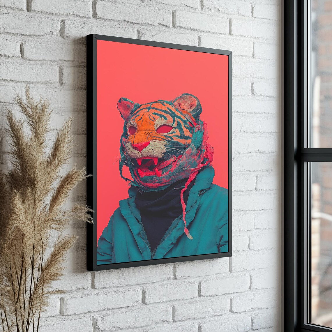 Neon Pop Art Tiger Wearing a Jacket on a Bold Red Background Poster