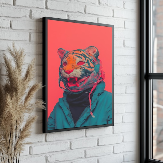 Neon Pop Art Tiger Wearing a Jacket on a Bold Red Background Poster