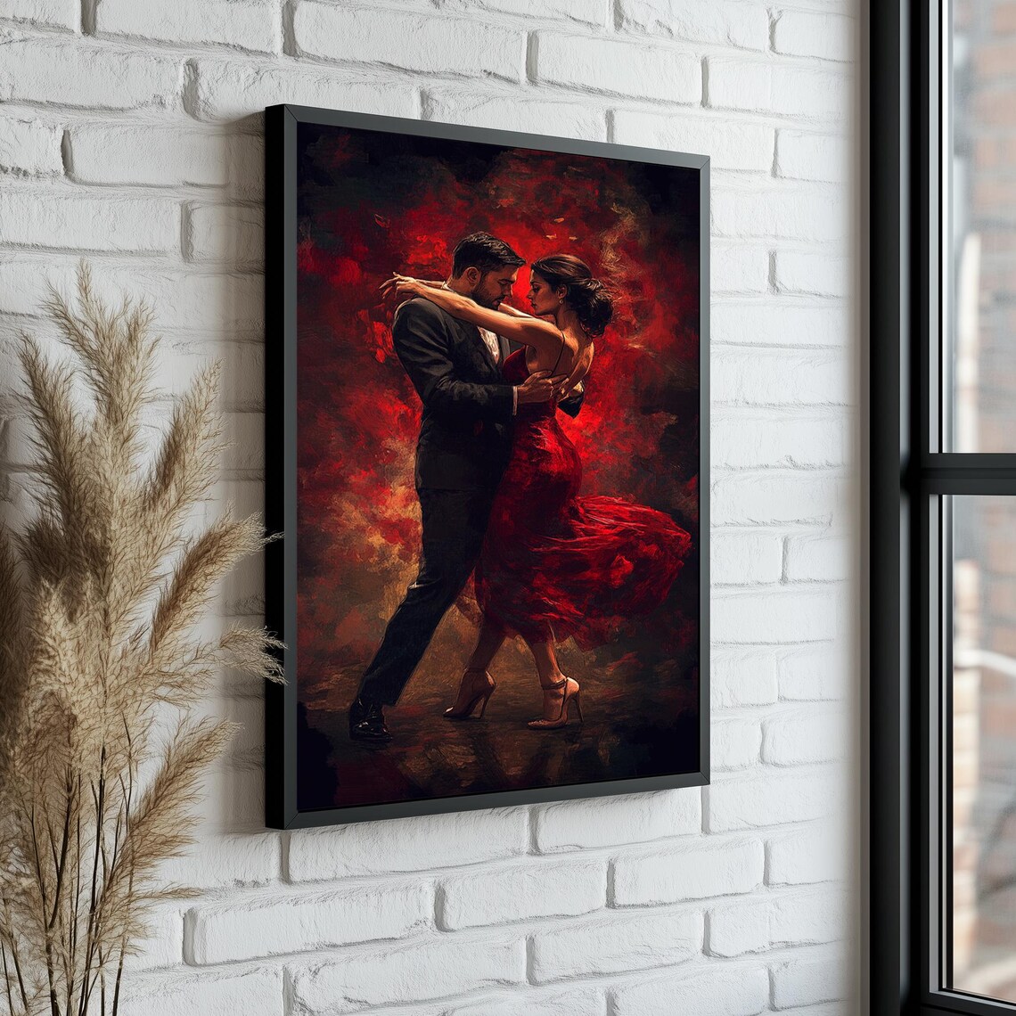 Passionate Tango Dancers Embracing in Dark Crimson Red Glow Poster - Image 5