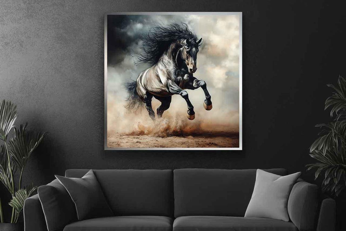 Horse Painting Black Horse Decor Dark Horse Wall Art Running Horse Art Framed Wall Art Horse Poster Ready To Hang - Image 3
