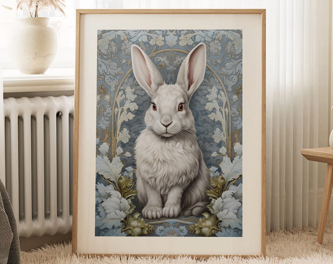 White Rabbit in a Blue Floral Garden Morris Inspired Wall Art - Image 4