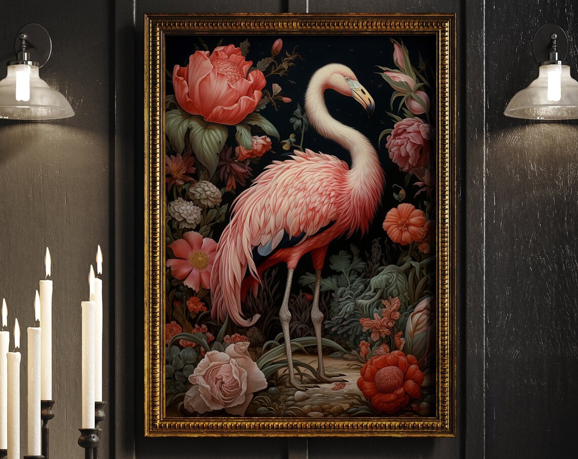 Flamingo Dark Botanical Moody Peonies Vintage Floral Art Poster