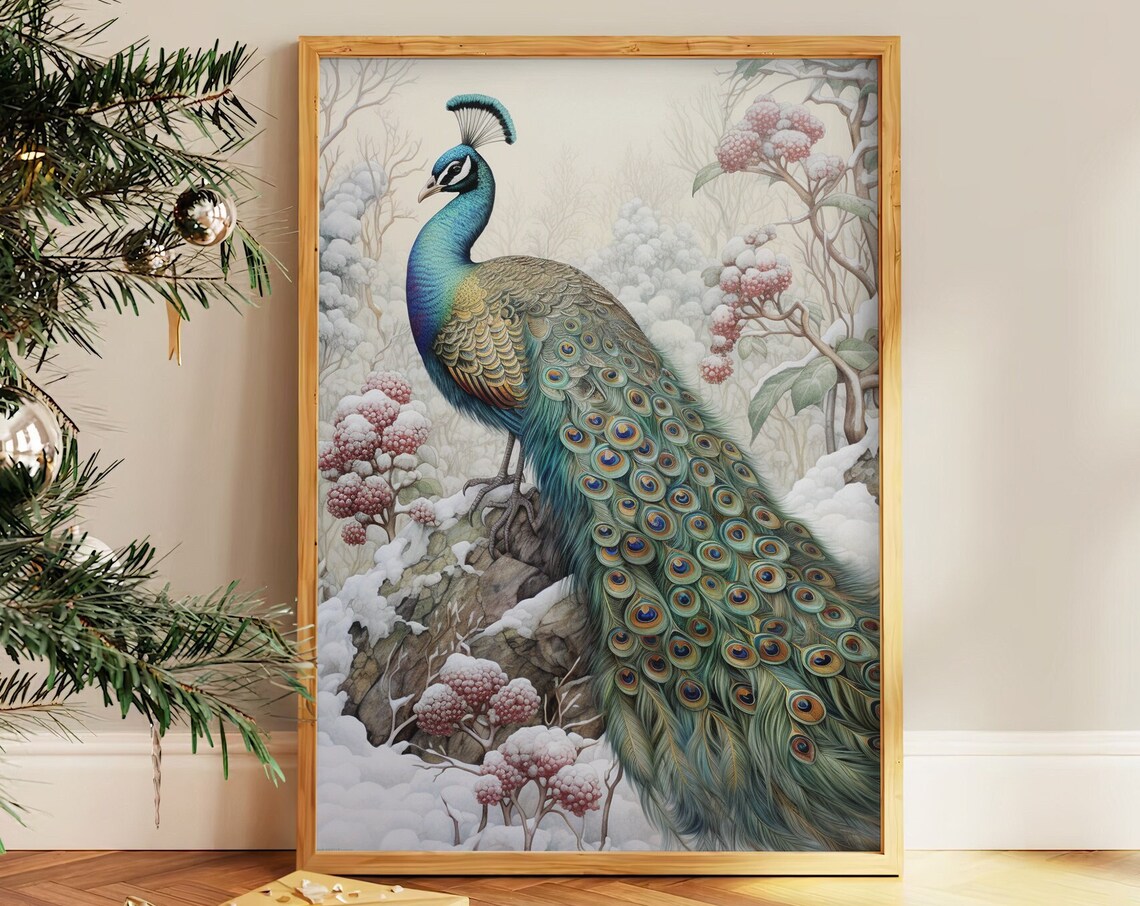 Elegant Peacock Winter Woodland Snowy Berries Floral Wall Art