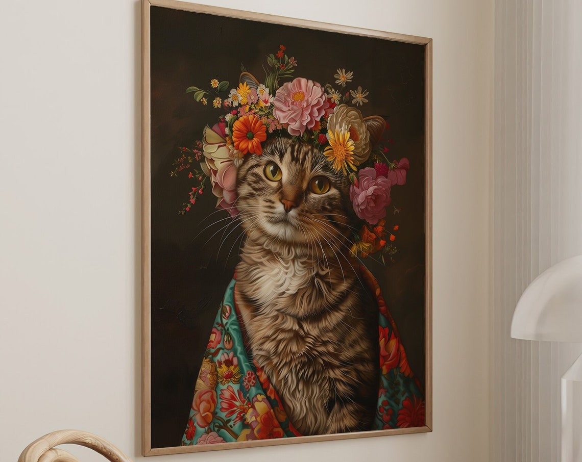 Tabby Cat with Flower Crown and Colorful Floral Robe Art Print