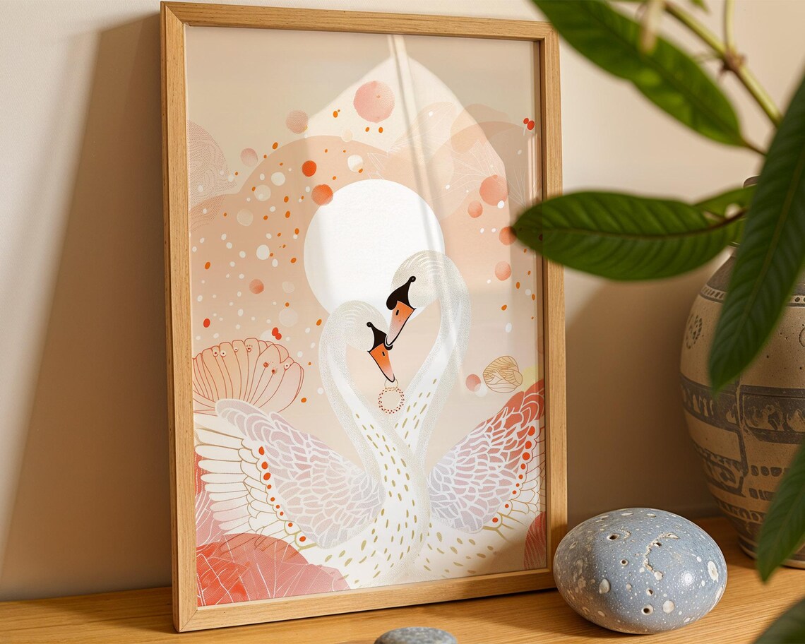 Romantic Bird Poster Swan Couple Under Moon Art Print Illustration Soft Peachy Love Scene Drawing