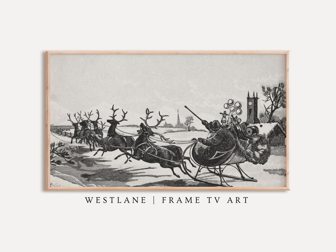 Santa Sleigh Reindeer Vintage Engraving Christmas Night Poster