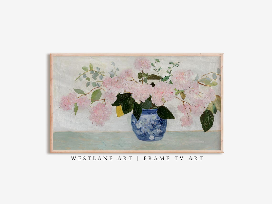 Pastel Pink Lilac Blossoms Blue Vase Painting Cottage Floral Art Print