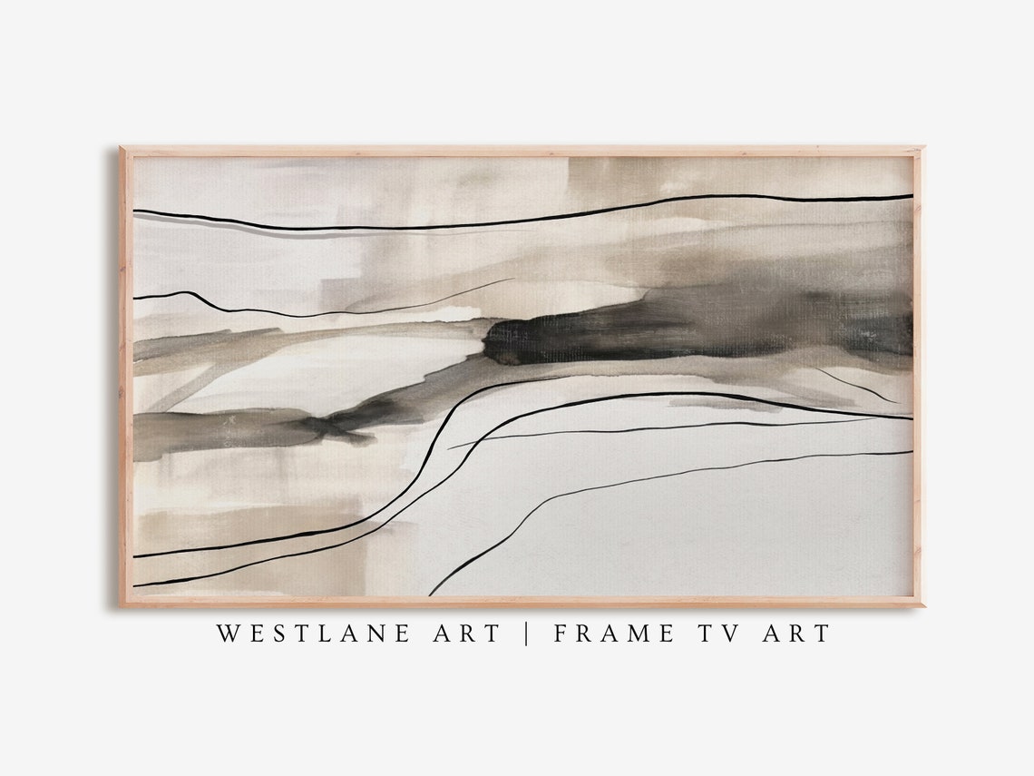 Abstract Neutral Beige Painting Black Flowing Lines Modern Wall Art