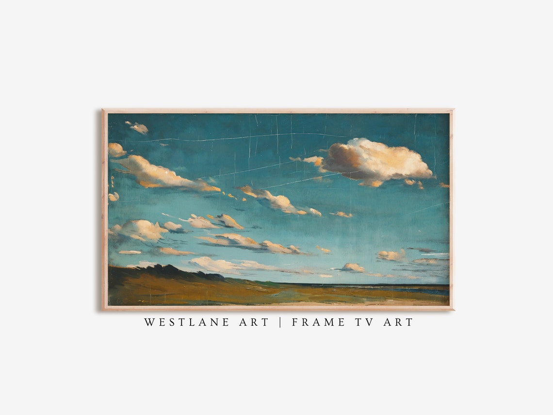 Vintage Blue Sky Cloud Oil Painting Golden Field Horizon Art Print
