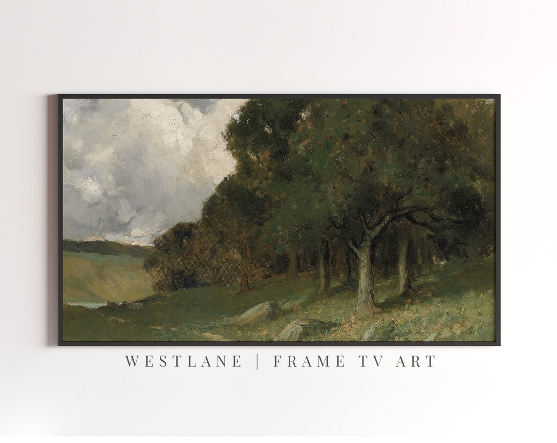 Woodland Edge Tall Trees Cloudy Sky Classic Landscape Oil Wall Art - Image 2