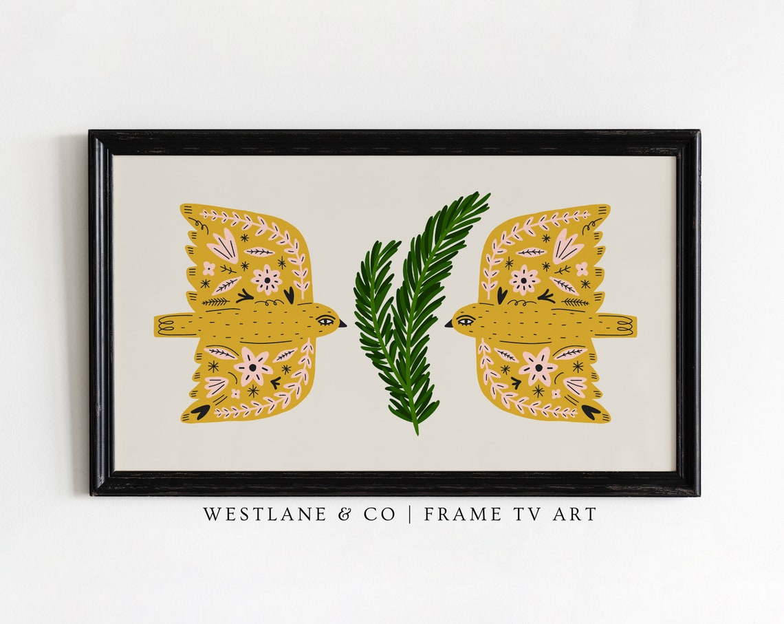 Golden Folk Art Birds Pine Branch Scandinavian Christmas Wall Art - Image 2