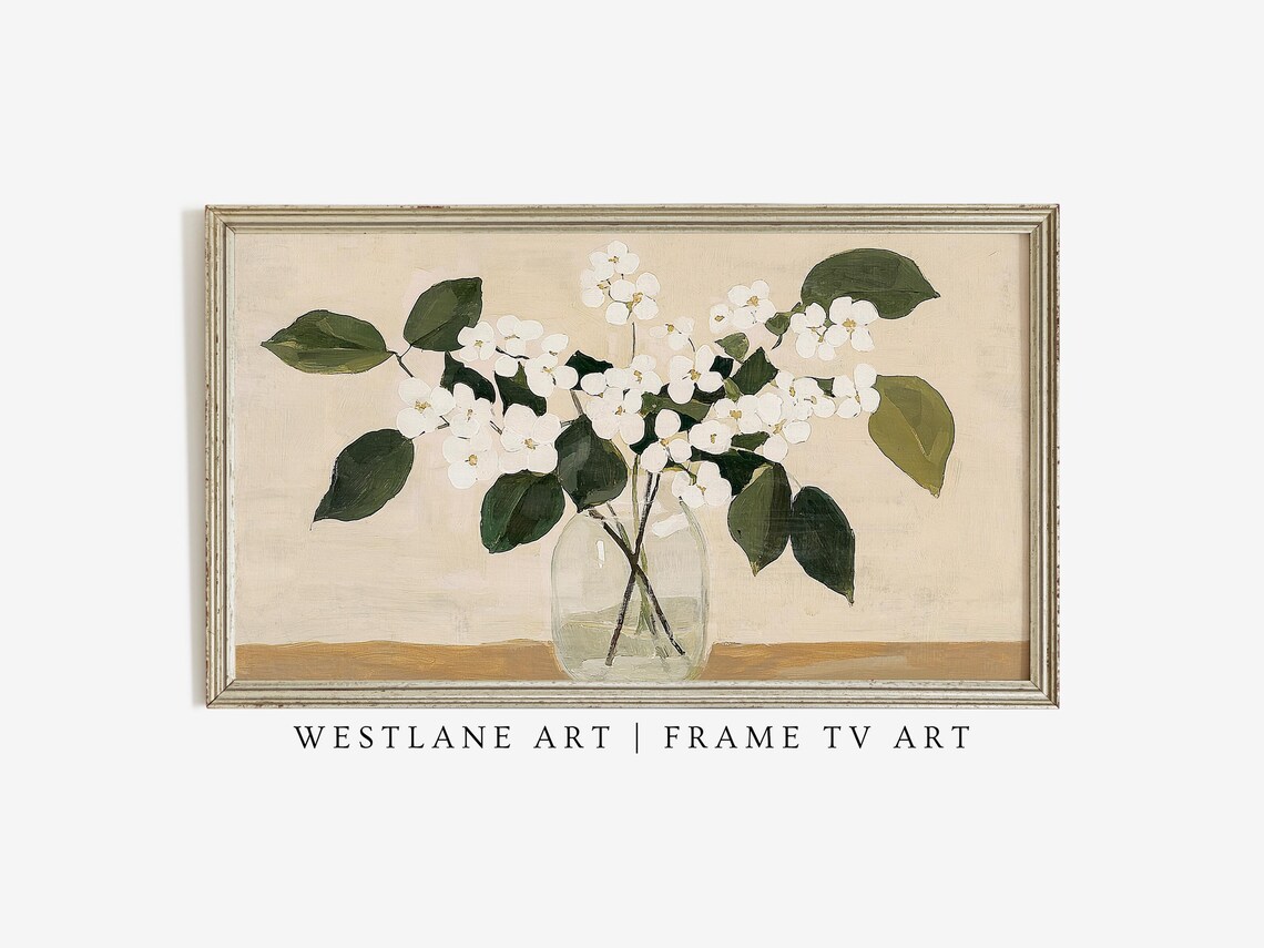 Minimalist White Blossoms Glass Jar Painting Beige Botanical Art Print - Image 3