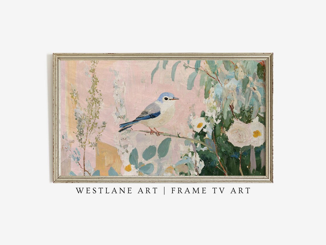 Blue Songbird Blossom Branch Painting Pink Flowers Spring Art Print - Image 2