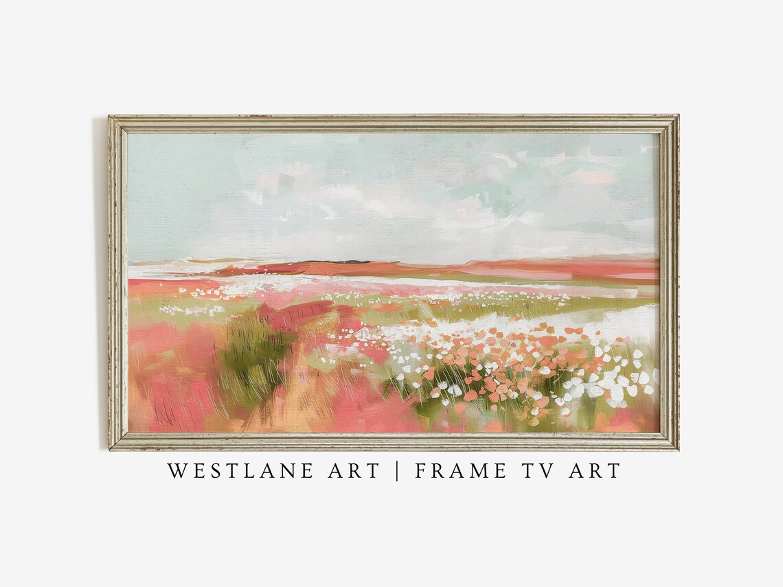 Abstract Pink Wildflower Meadow Painting Coral Floral Field Art Print - Image 3