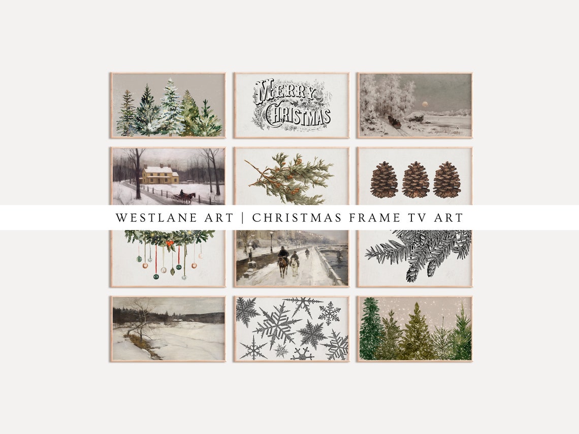 12 Piece Christmas Frame TV Art Bundle Set Winter Holiday Poster