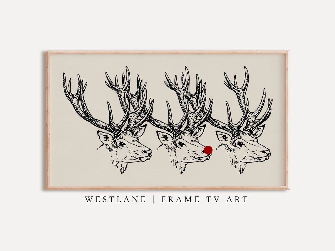 Three Reindeer Heads Sketch Rudolph Red Nose Christmas Poster