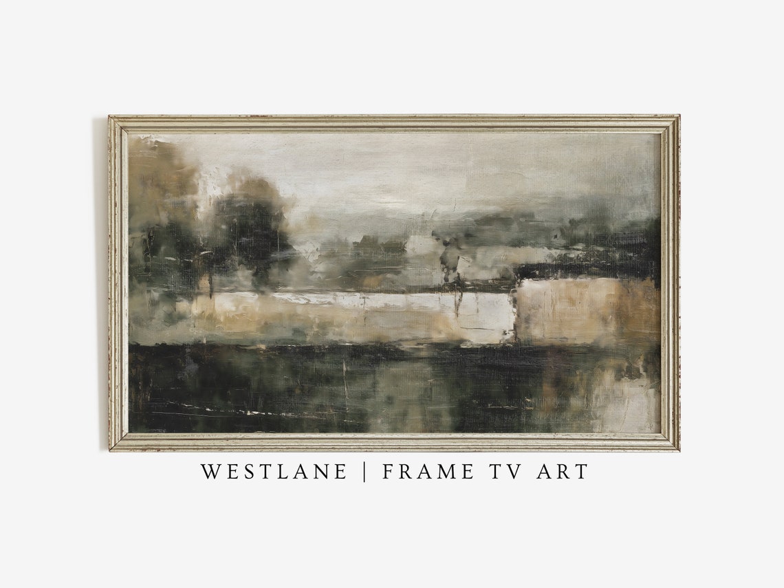 Dark Green Moody Abstract Landscape Lake Reflection Painting Wall Art - Image 3