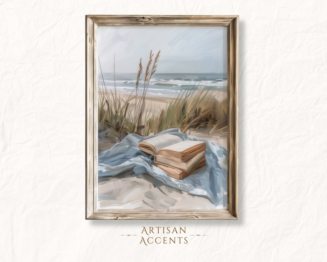 Books Stack Beach Blanket Ocean Dunes Cozy Seaside Reading Art Print
