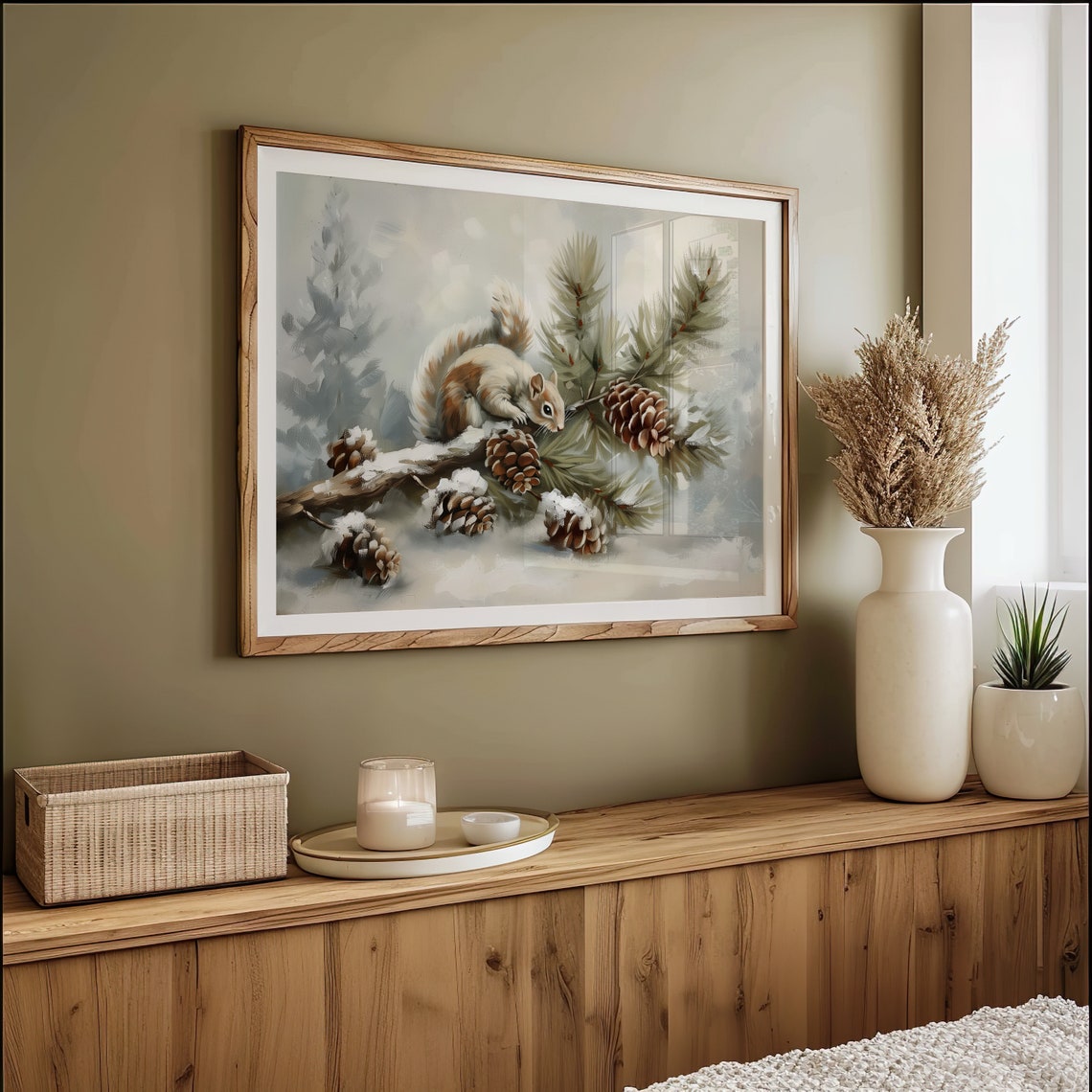 Squirrel On Snowy Pine Branch With Pinecones Winter Painting Print - Image 2