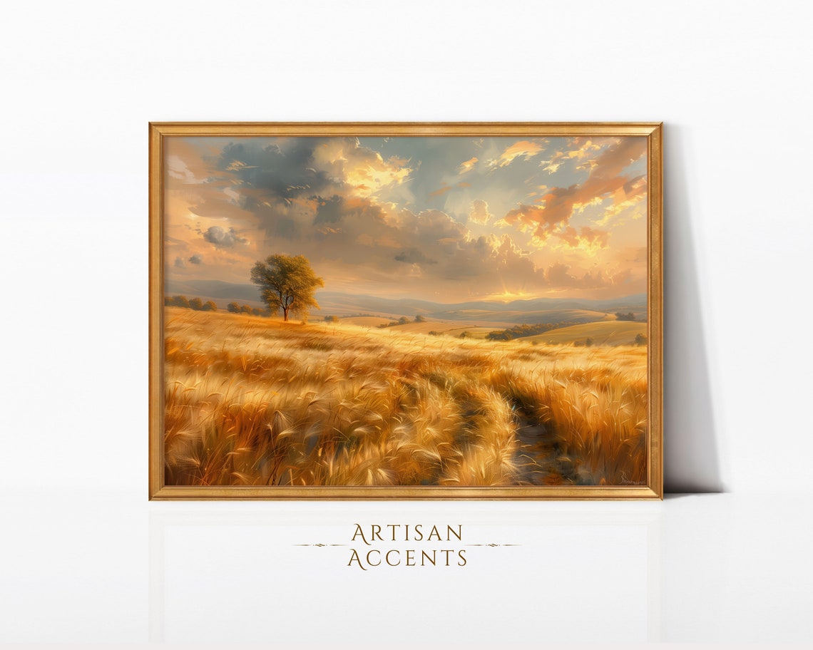 Golden Wheat Field Sunset Lone Tree Harvest Landscape Painting Print - Image 5