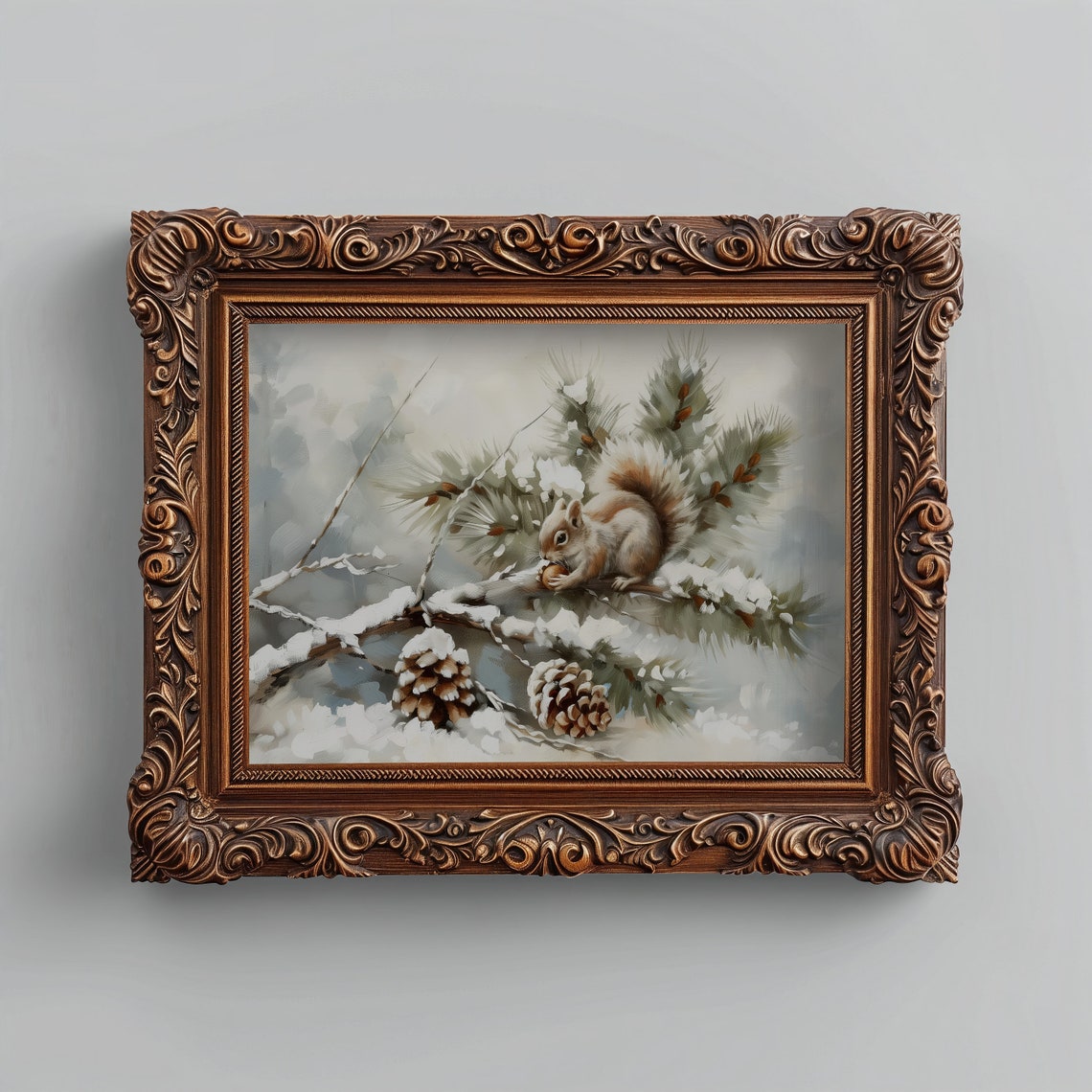Squirrel With Pinecones On Snowy Pine Branch Winter Wildlife Print - Image 4