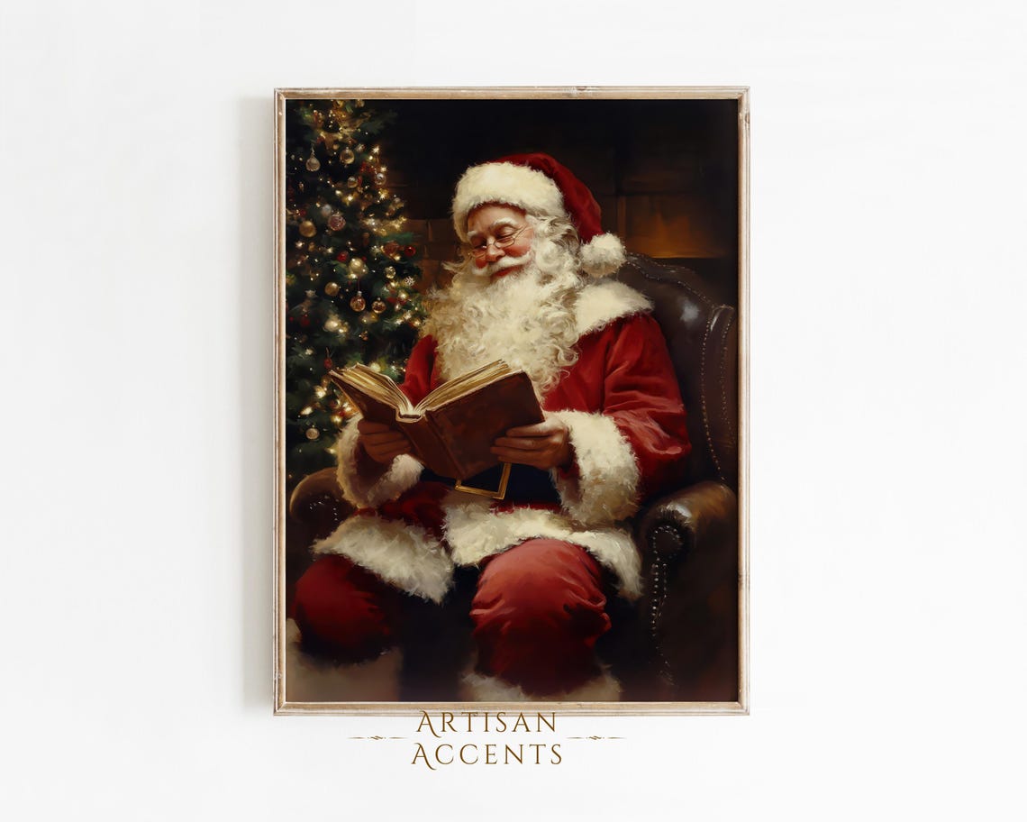 Santa Claus Reading Book Fireside Armchair Christmas Tree Night Print