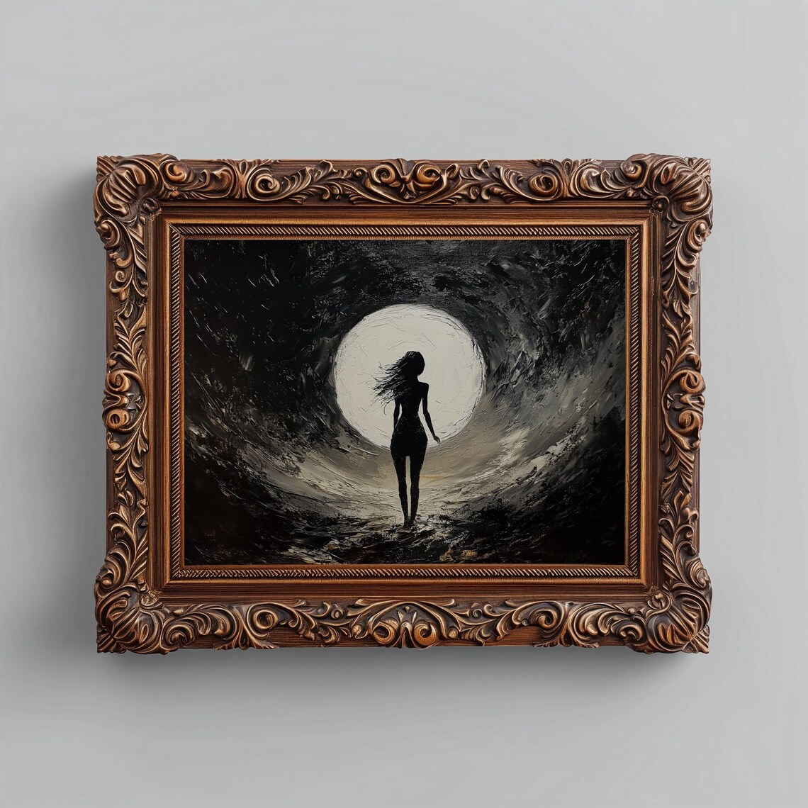 Woman Silhouette Full Moon Dark Forest Gothic Halloween Moody Art Poster - Image 2