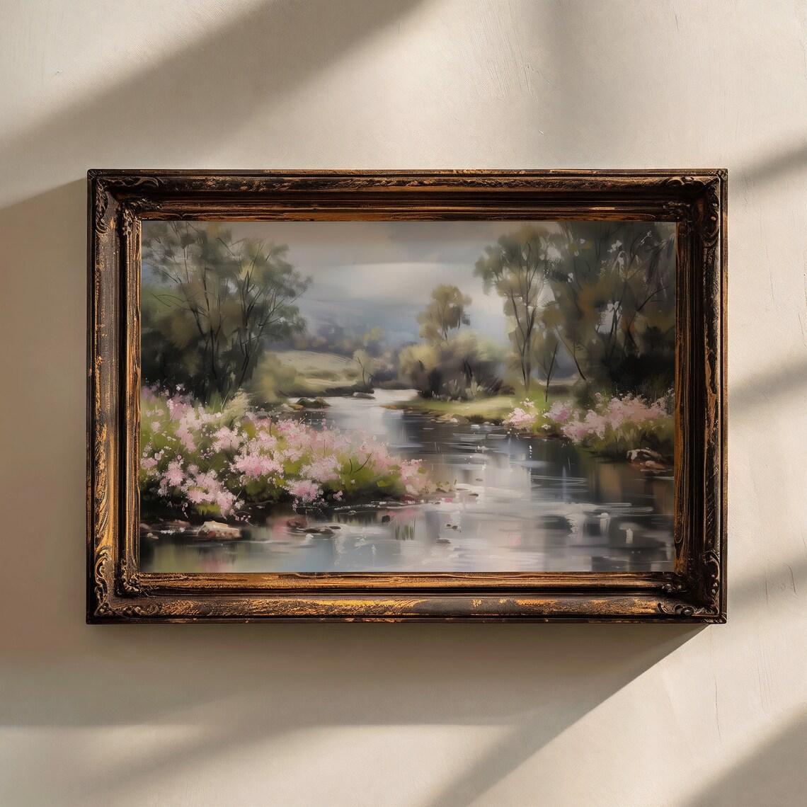 Wildflower River Banks Pink Blossoms Serene Landscape Painting Print - Image 2