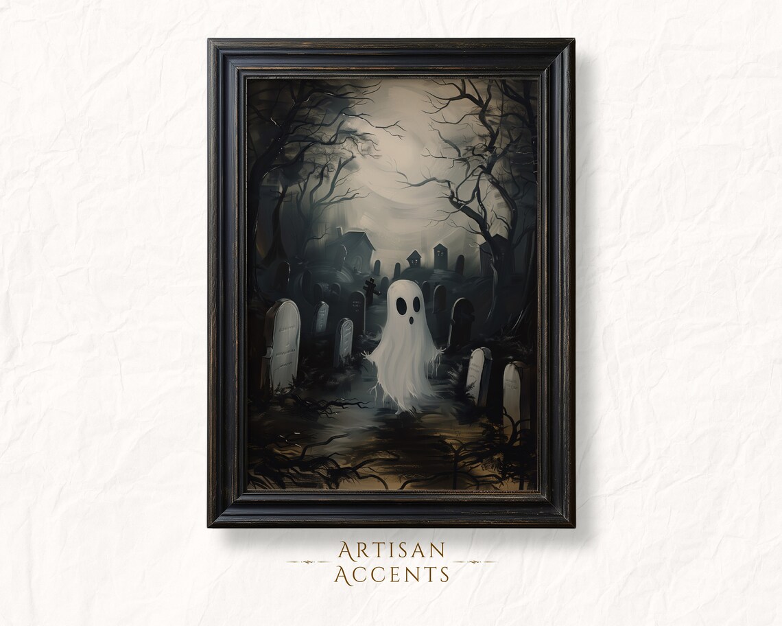 Cute Ghost Moonlit Cemetery Tombstones Halloween Gothic Oil Painting Poster