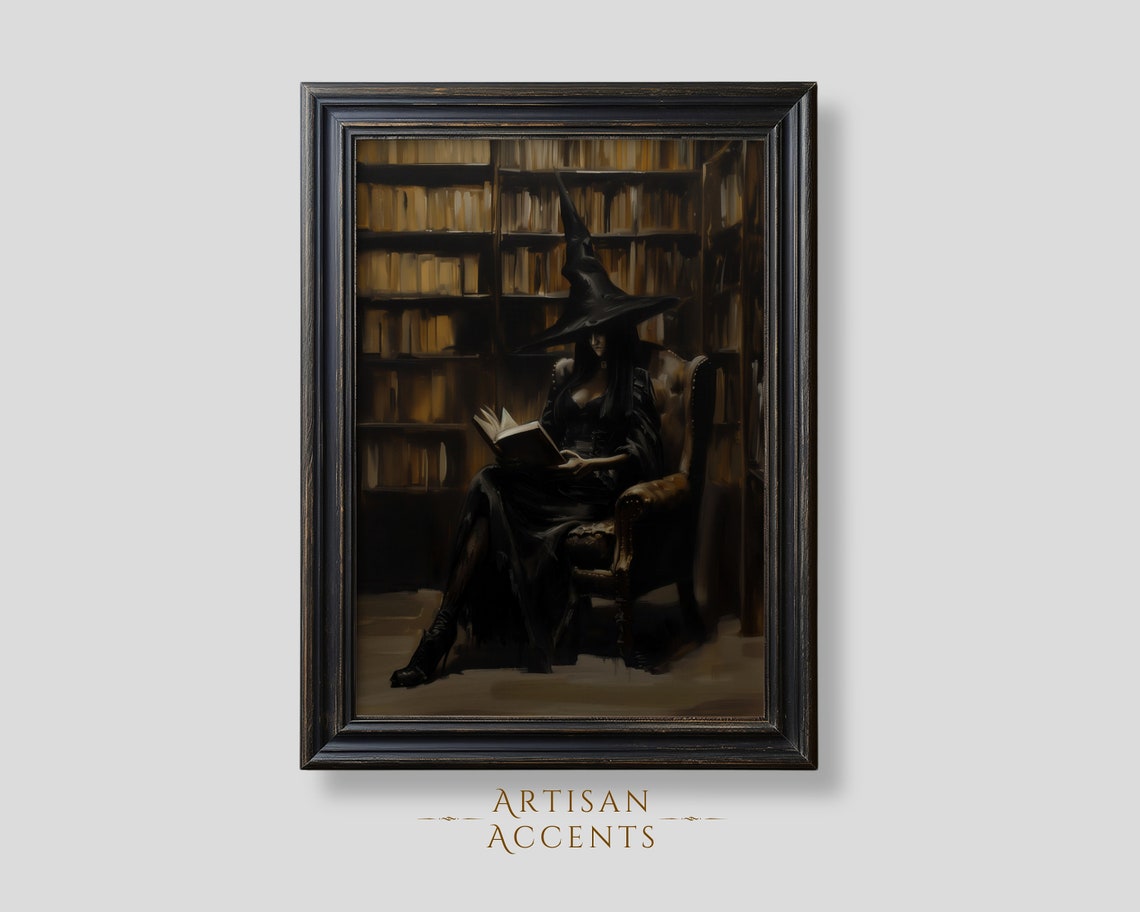 Witch Reading In Dark Library Gothic Halloween Oil Painting Wall Art - Image 4