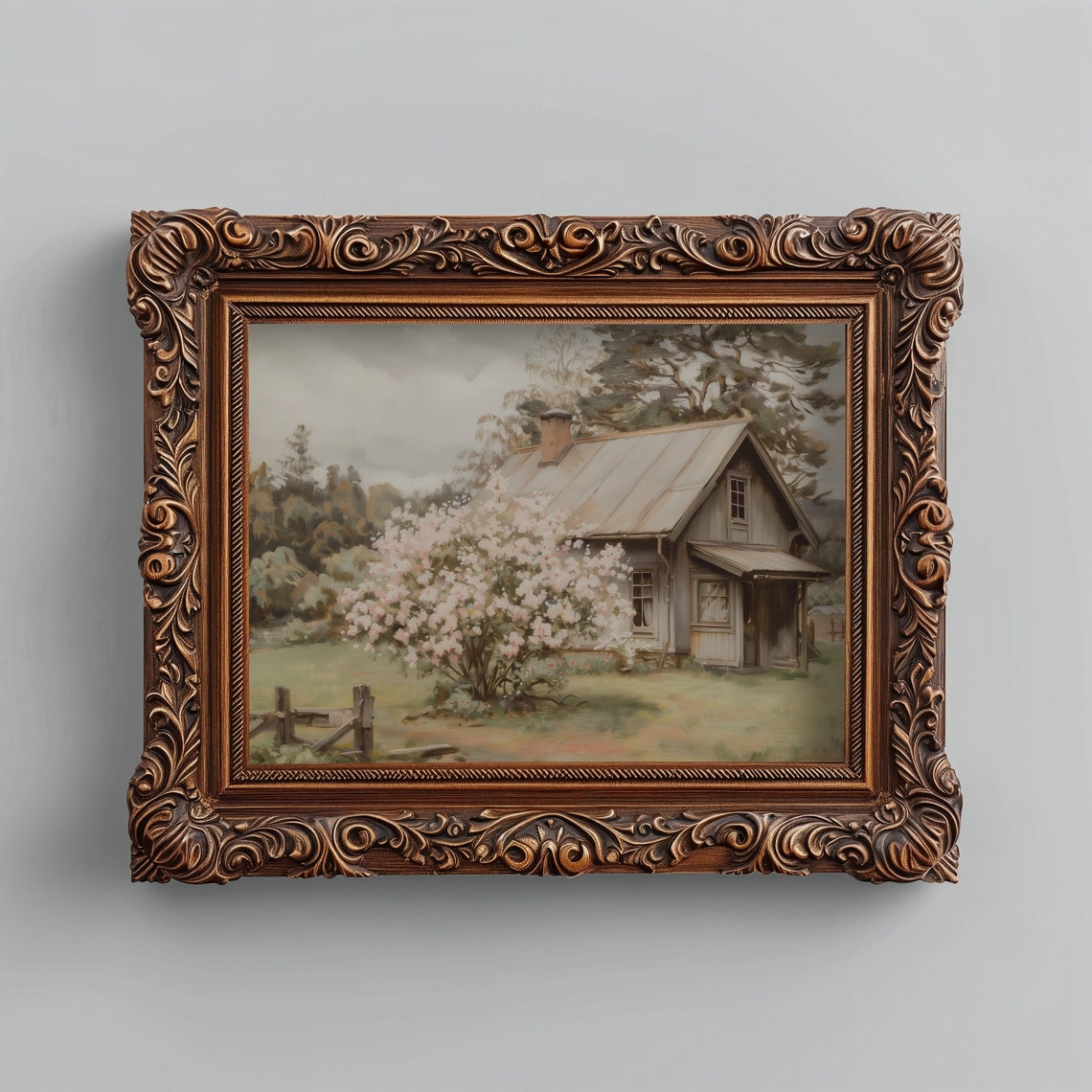 Rustic Cottage With Blooming Pink Tree Spring Garden Art Print - Image 5