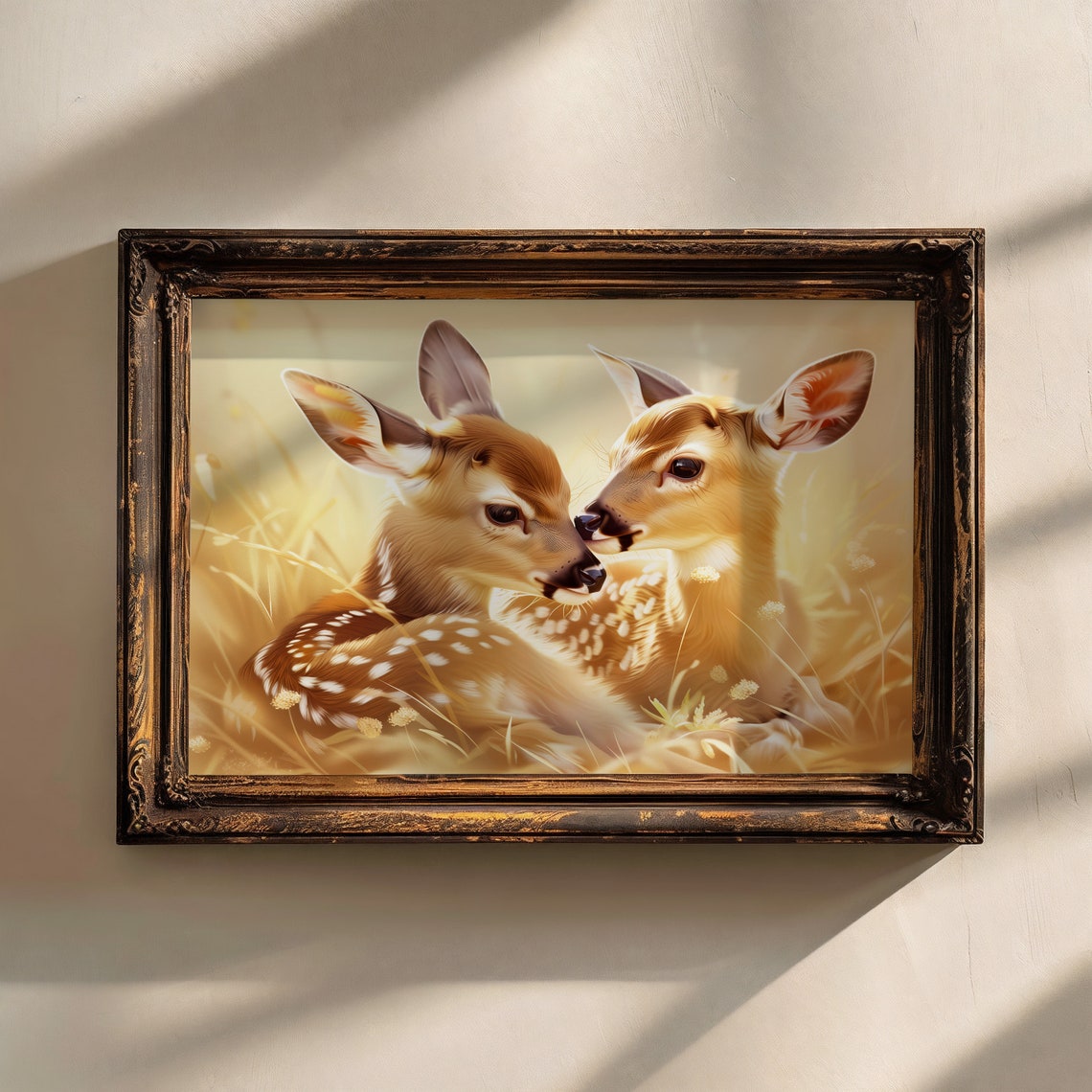 Two Baby Deer Fawns Nuzzling In Golden Meadow Wildlife Art Print - Image 2