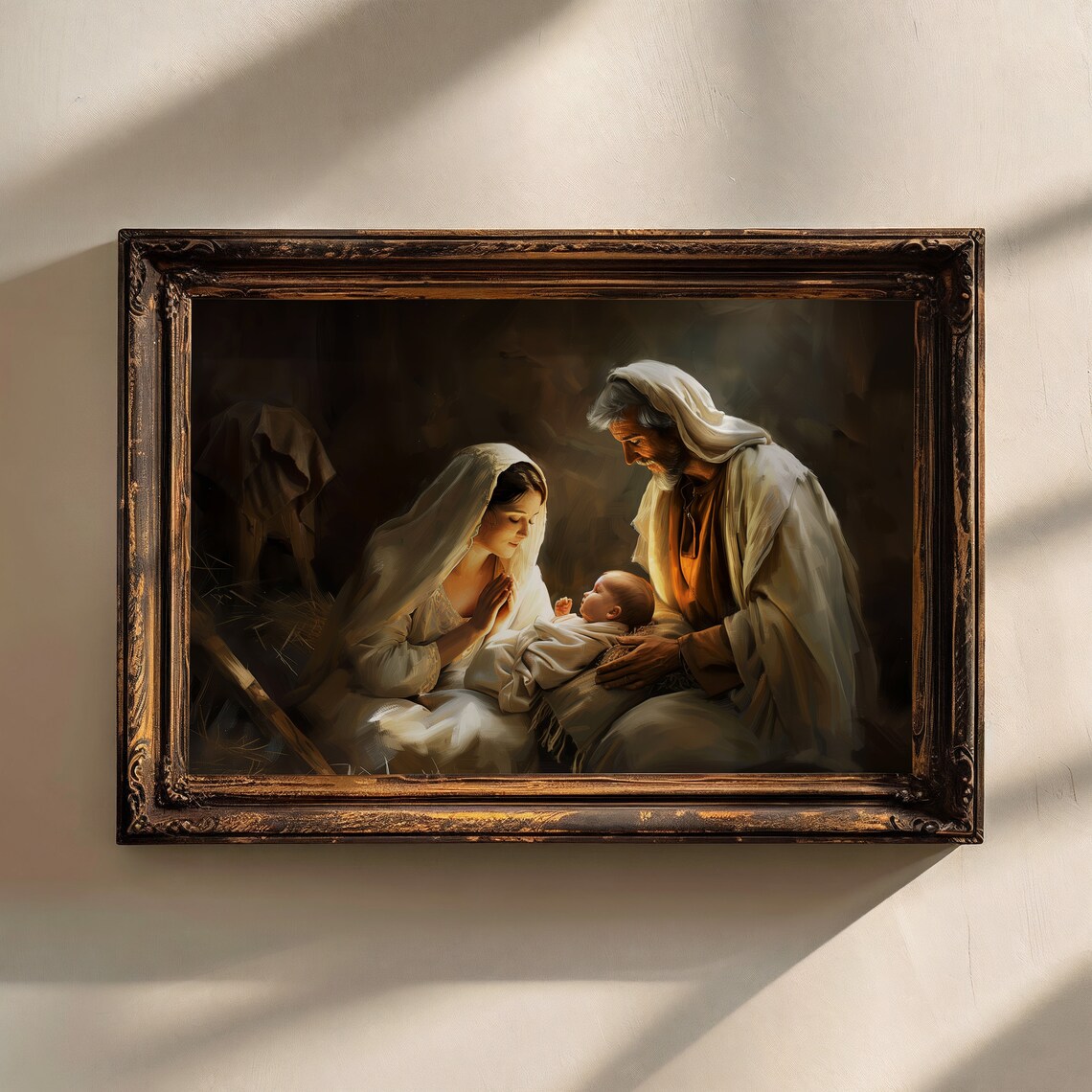 Nativity Scene Mary Joseph Baby Jesus Warm Light Religious Oil Painting Poster - Image 4