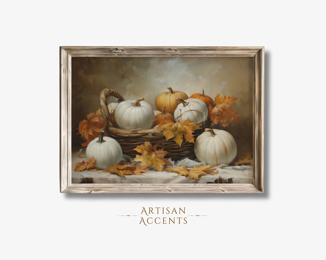 White Pumpkins Harvest Basket Autumn Leaves Rustic Fall Art Print