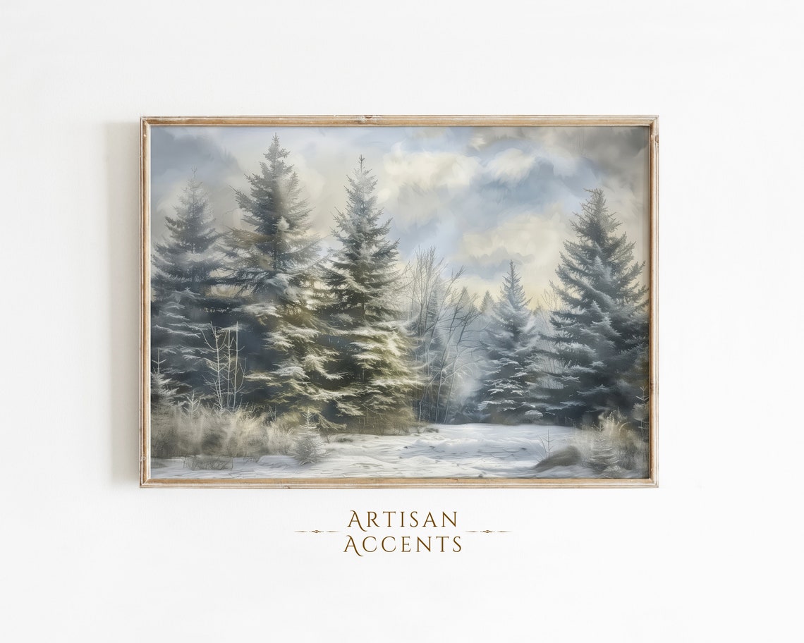 Snowy Pine Forest Winter Landscape Vintage Oil Painting Wall Art
