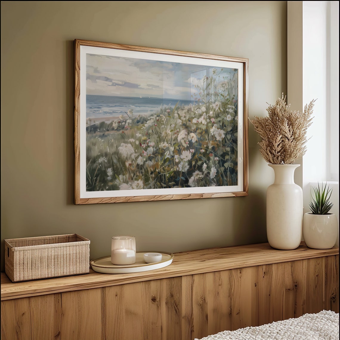Coastal Wildflower Meadow Ocean Beach View Soft Blue Landscape Poster - Image 3