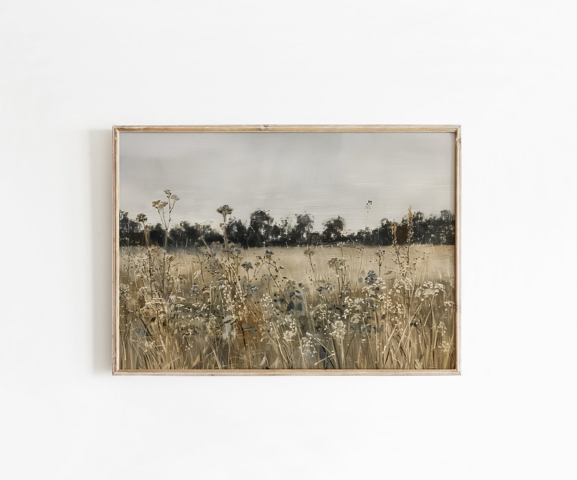 Wildflower Field In Neutral Tones Rustic Meadow Oil Painting Art Print - Image 5