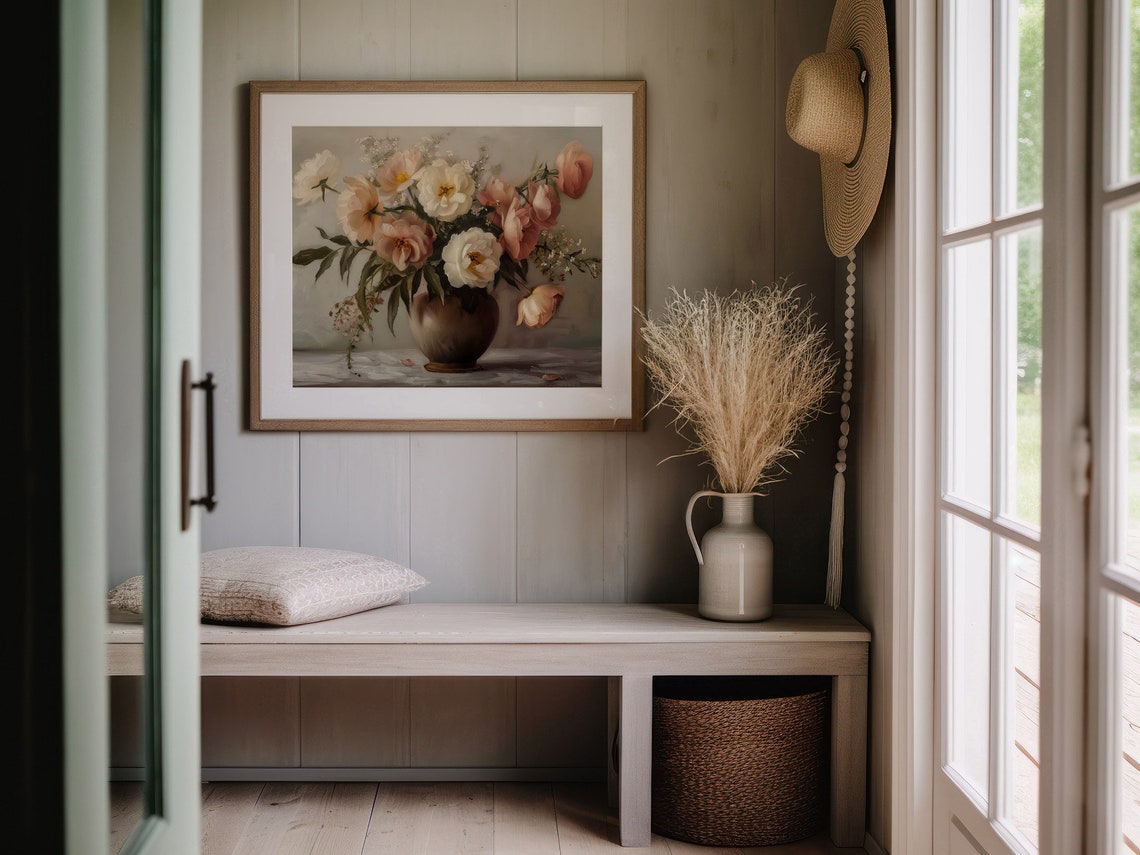 Blush Pink Peonies Bronze Vase Soft Romantic Floral Still Life Print - Image 4