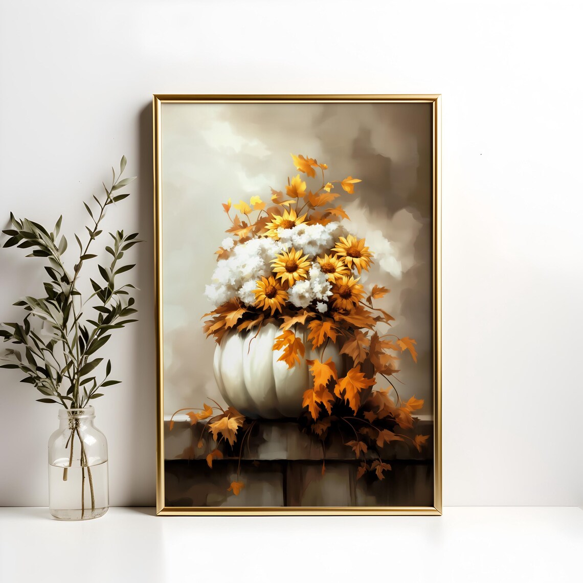 Autumn Pumpkin Vase Sunflowers Fall Leaves White Blooms Floral Art Poster - Image 5