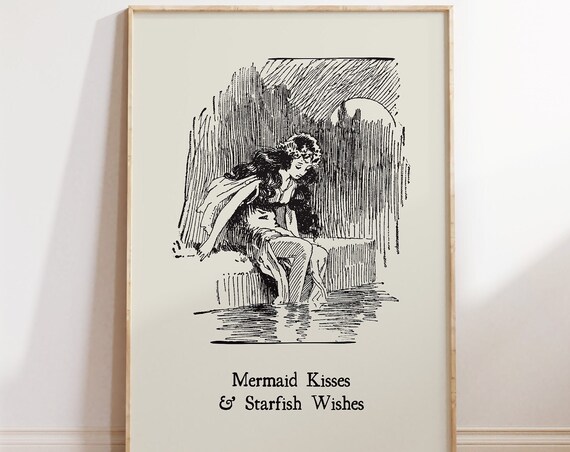 Mermaid Kisses And Starfish Wishes Vintage Engraved Beach Poster