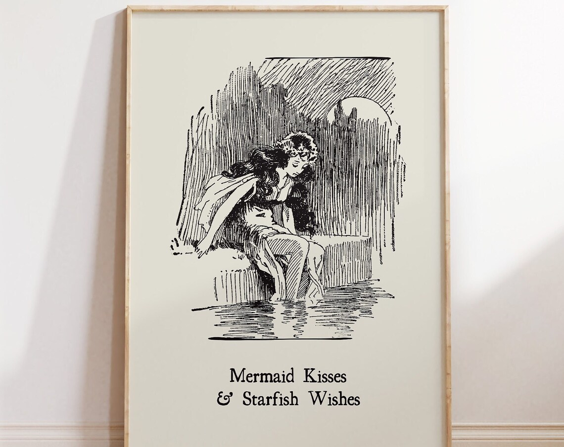 Mermaid Kisses And Starfish Wishes Vintage Engraved Beach Poster
