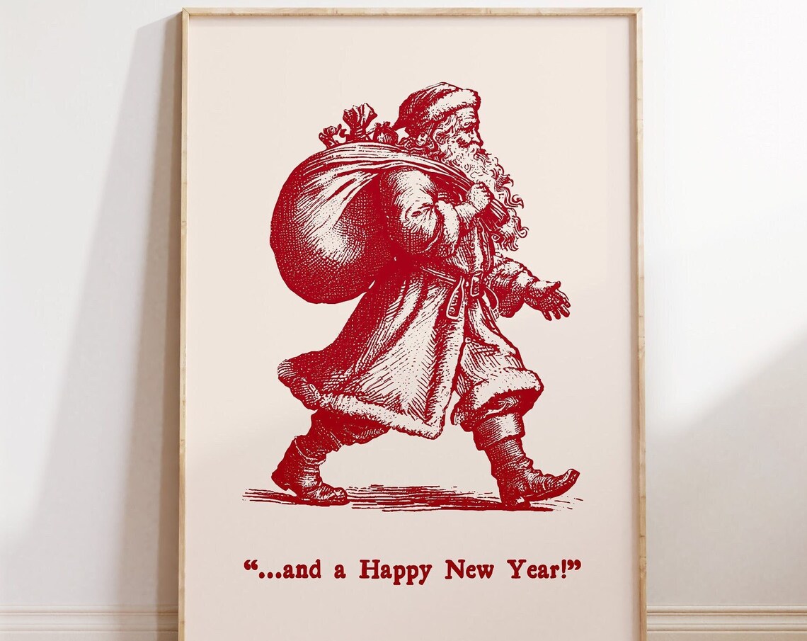 Vintage Santa Claus With Toy Bag And Happy New Year Quote Print