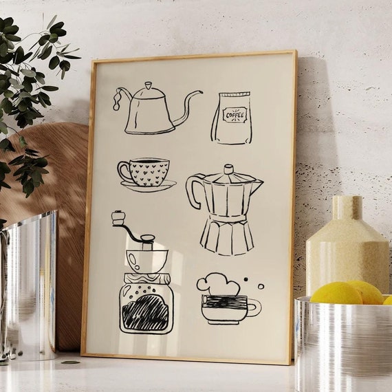 Hand Drawn Coffee Bar Wall Art Minimal Drawing Kitchen Decor Apartment Poster Foodie Print Gift Idea