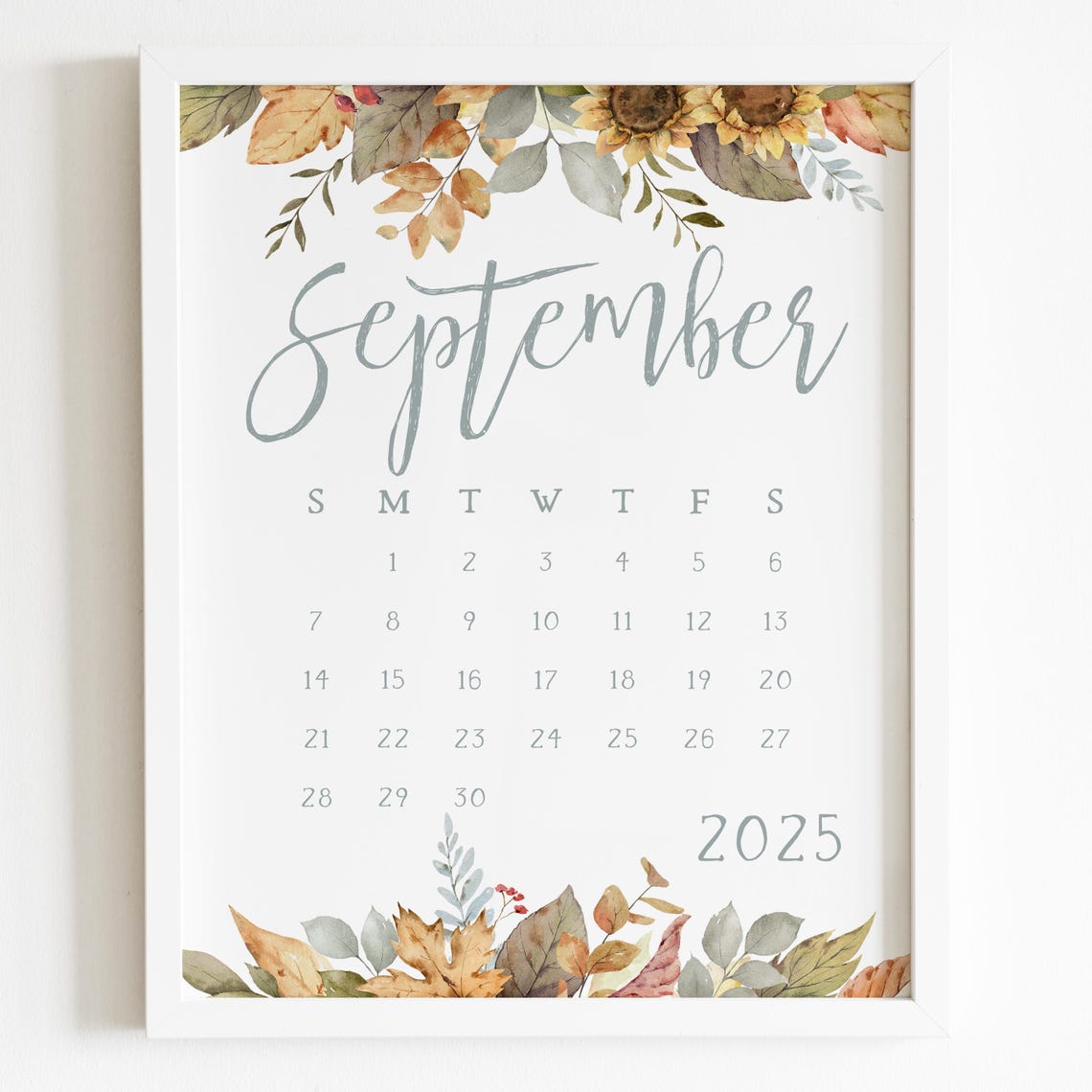 September 2025 Calendar Autumn Sunflowers Fall Leaves Planner Print - Image 3