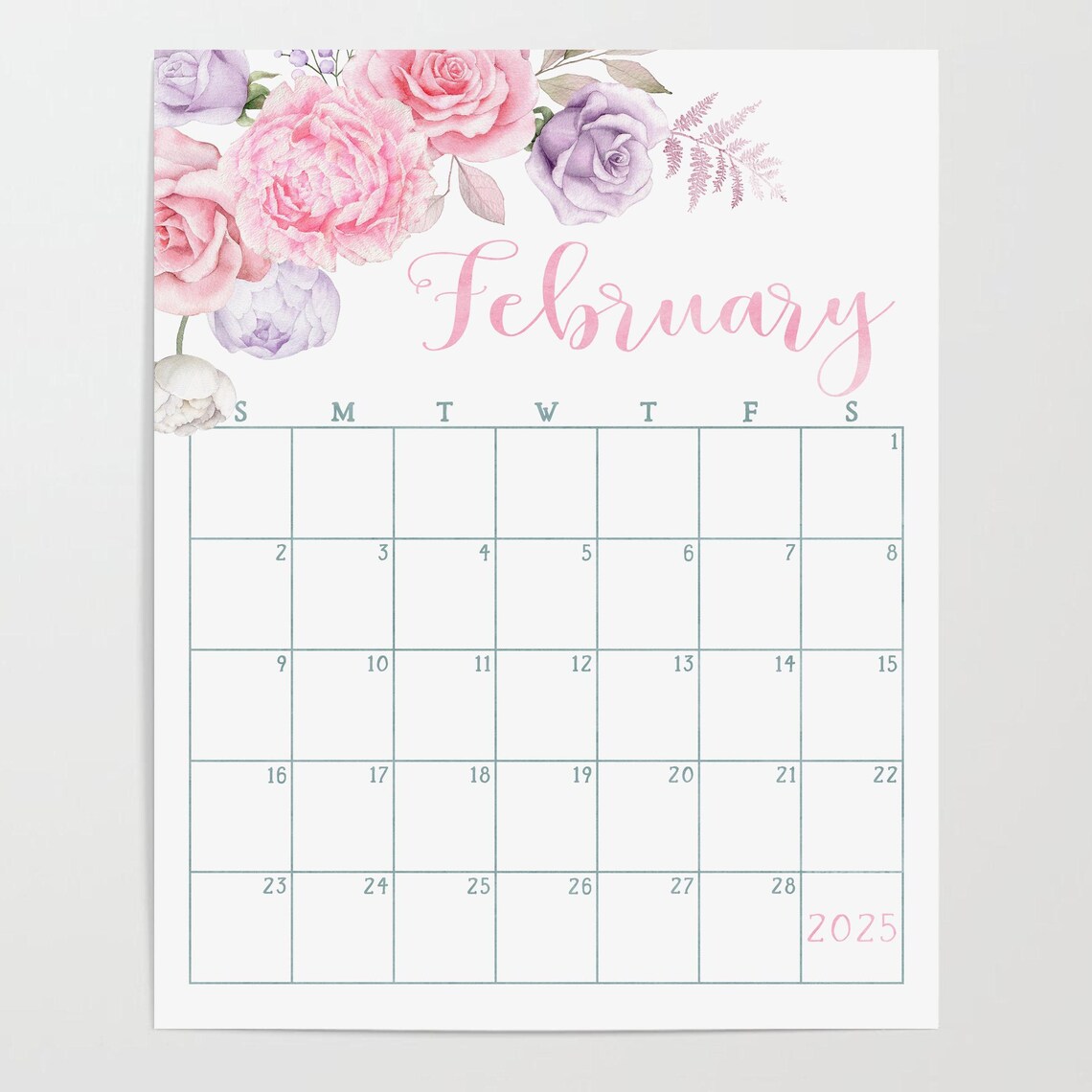 February 2025 Calendar Pink Purple Rose Floral Monthly Planner Art - Image 2