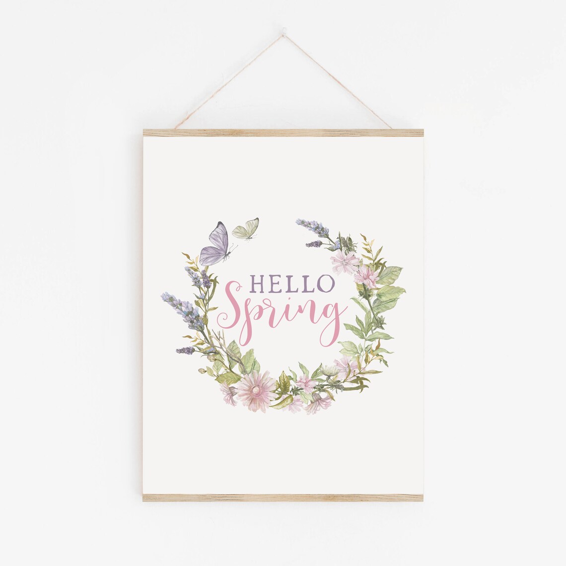 Hello Spring Floral Wreath Butterflies Pink Watercolor Wall Art Print - Image 2